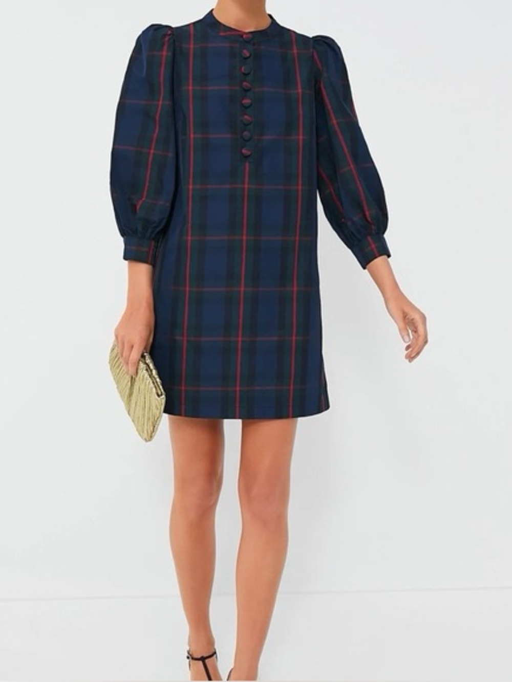 Fraser Plaid Samantha Pomander Place Navy Puff-Sleeve Shift Dress - Navy / Red